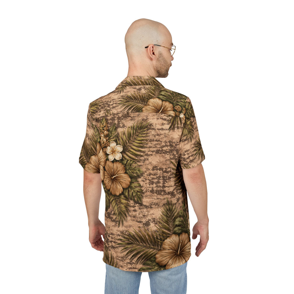 Vintage Brown Hibiscus Camo Aloha Button-Down