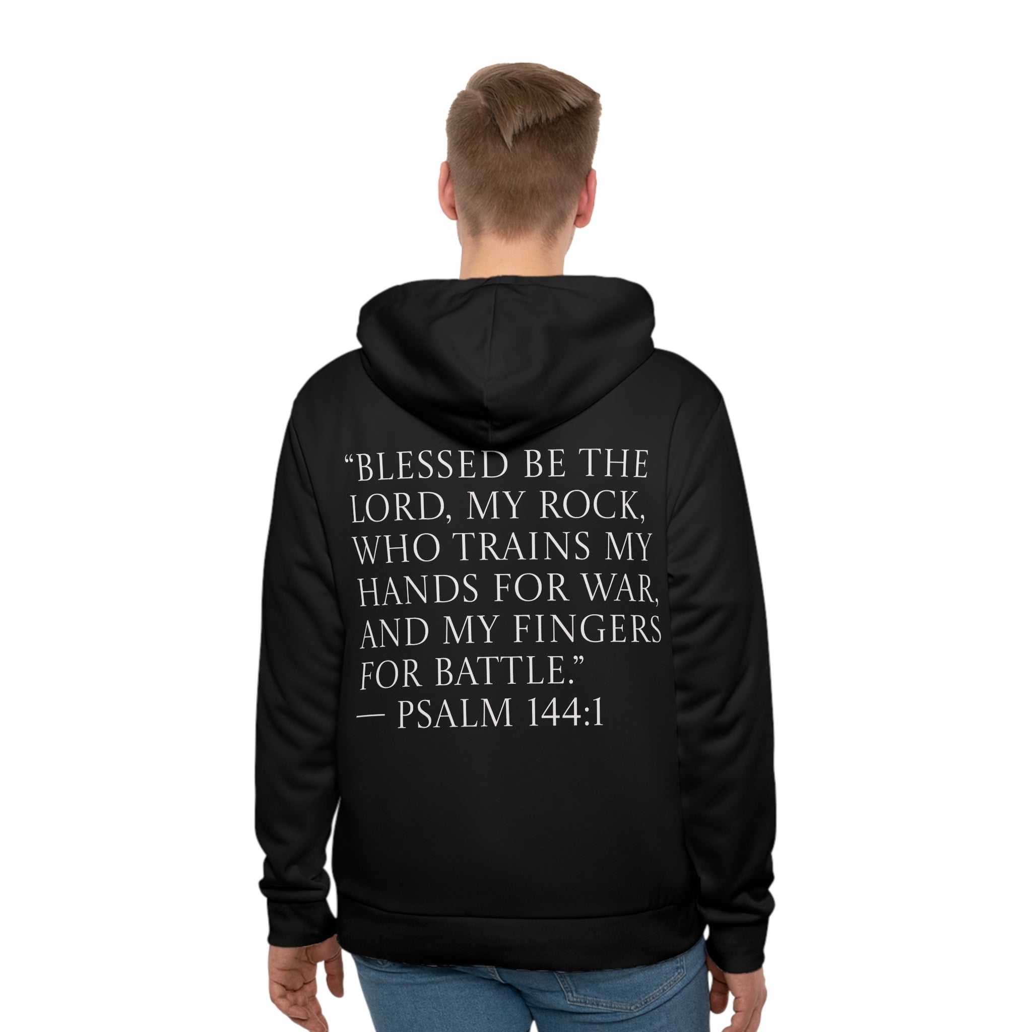 Psalm 144:1 Hoodie — "Blessed Be The Lord, My Rock" Christian Fishing & Hunting Sweatshirt