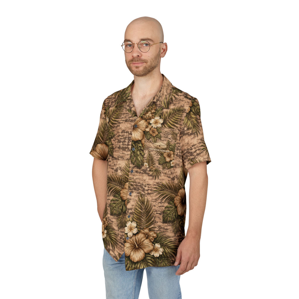 Vintage Brown Hibiscus Camo Aloha Button-Down